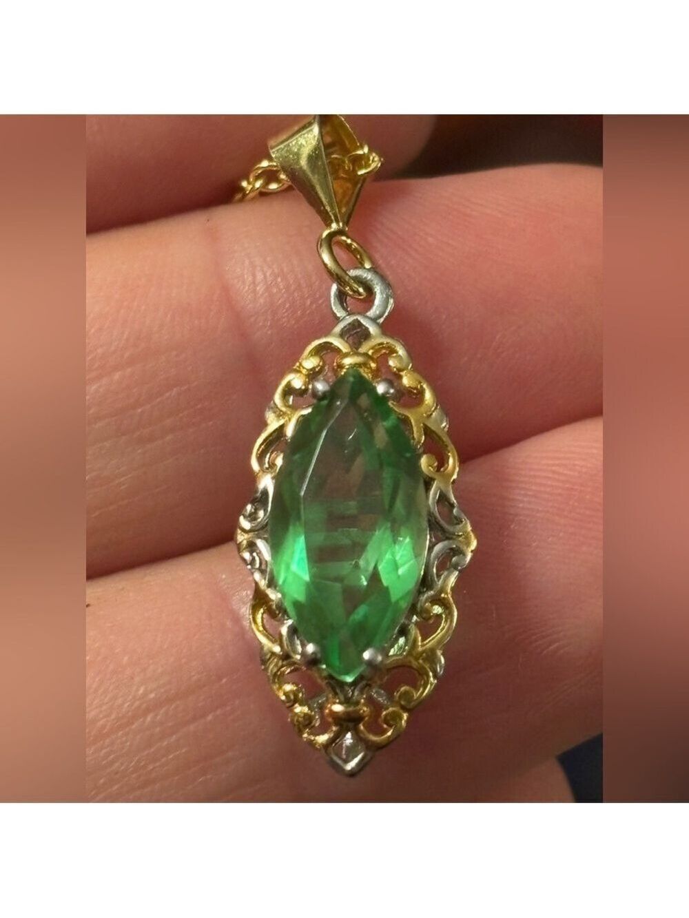 💚 NEW Chartreuse Quartz Doublet Marquis Pendant • Ornate 2-Tone • Luminous Green